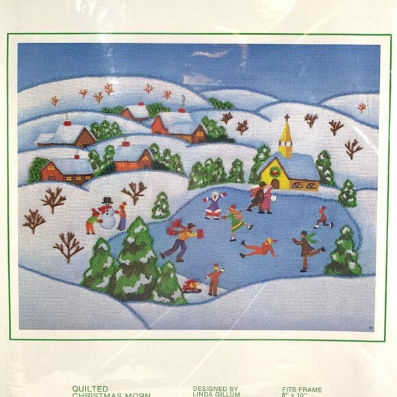 Sunset Stitchery Embroidery Kit 2101 Quilted Christmas Morn Snow Skaters Trees - Picture 2 of 5